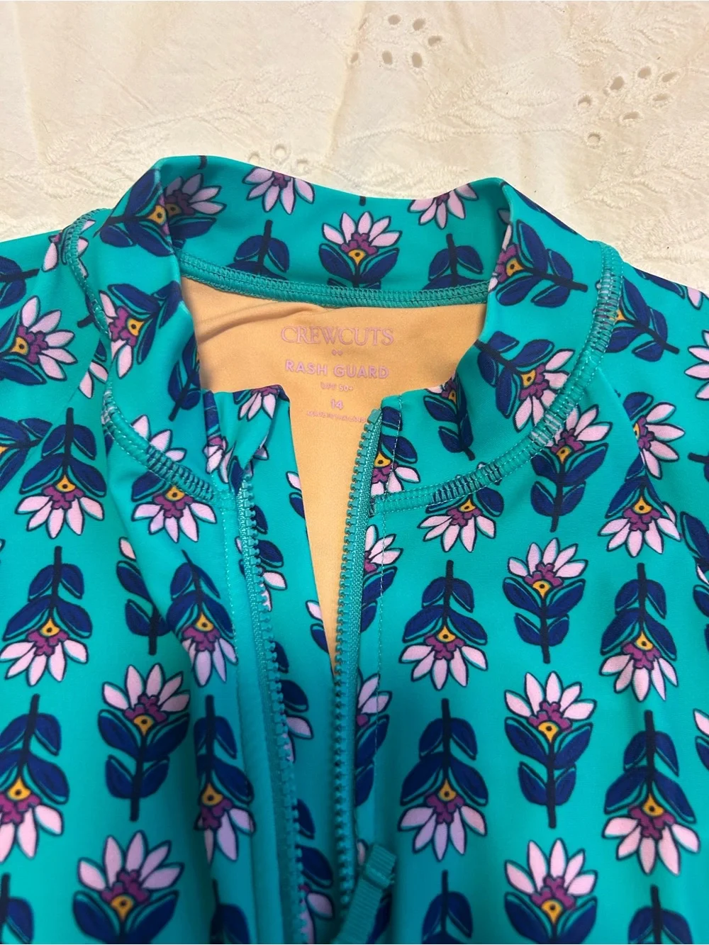 2 Long-Sleeve Floral Rash Guard Swimsuit - Pink & Teal. Age 14 or Adult S/XS
